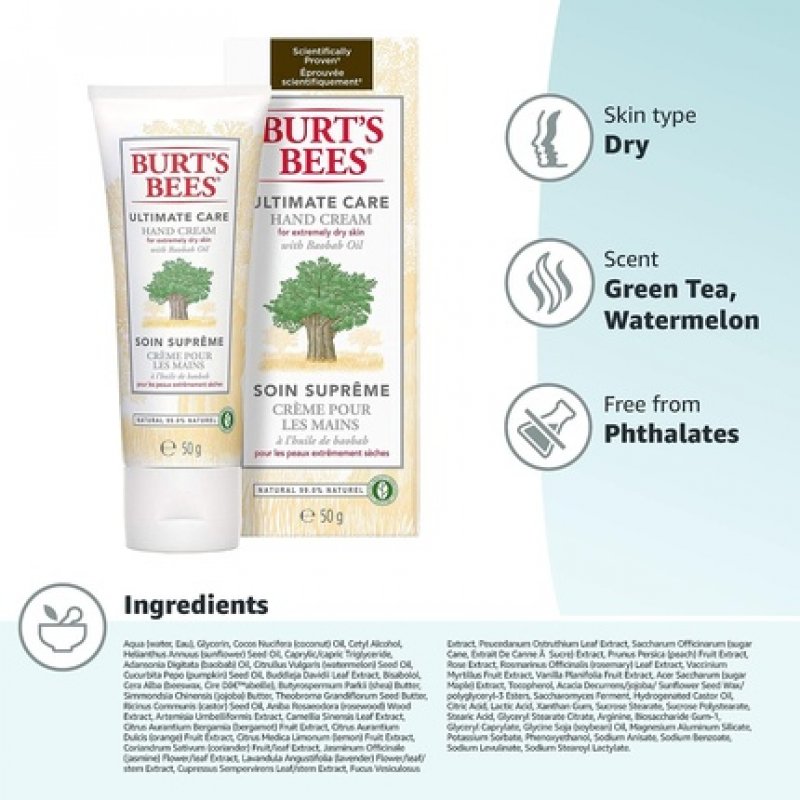 Burt's Bees Hand Cream for Dry Hands Ultimate Care Moisturizing Hand Cream with Baobab Oil 50g