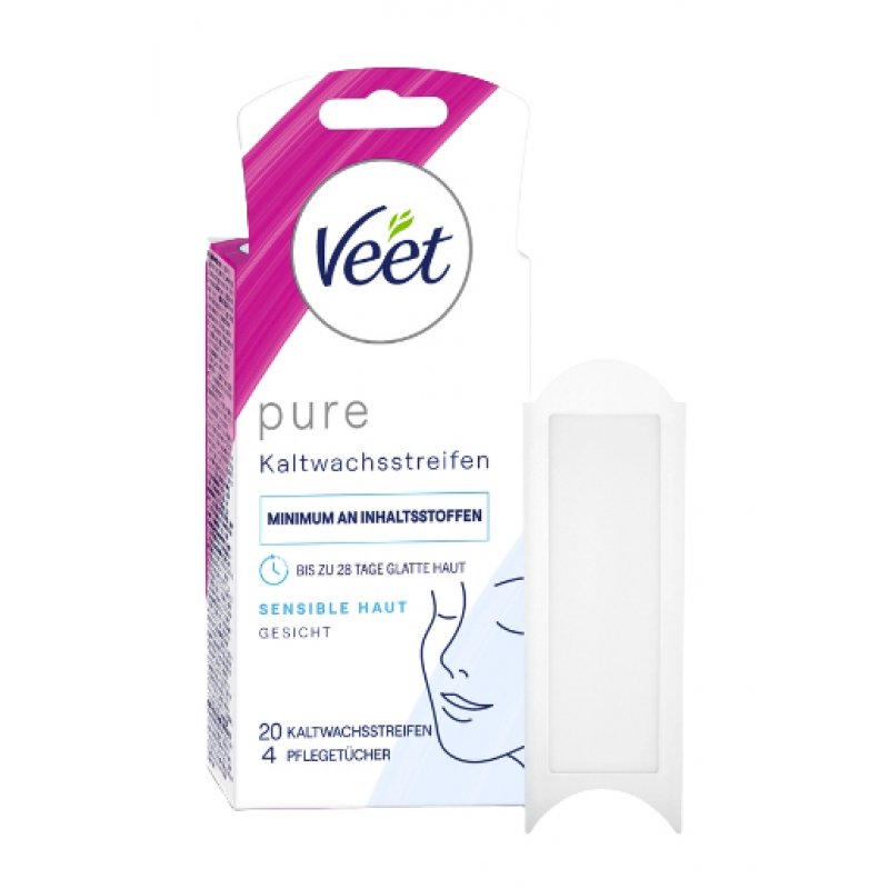 Veet PURE Cold Wax Strips for Sensitive Skin - Facial Hair Removal - Up to 28 Days of Smooth Skin