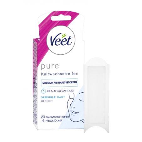 Veet PURE Cold Wax Strips for Sensitive Skin - Facial Hair Removal - Up to 28 Days of Smooth Skin