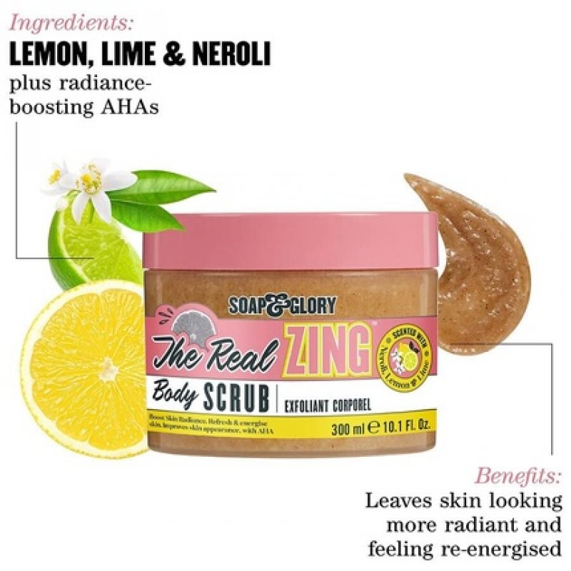 Soap & Glory The Real Zing Body Scrub Smoothing & Buffing Sugar Scrub Lemon Citrus Scented Body Polish Skin Brightening