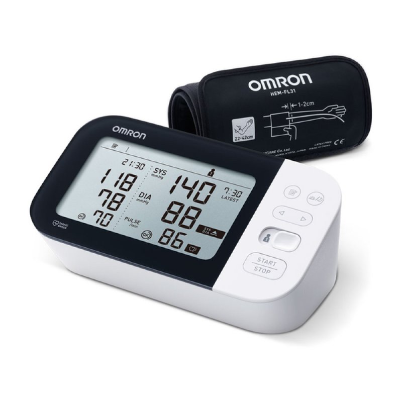 OMRON M7 Intelli IT Upper Arm Blood Pressure Monitor with IntelliWrap Cuff 22-42cm and Intellisense Technology - White