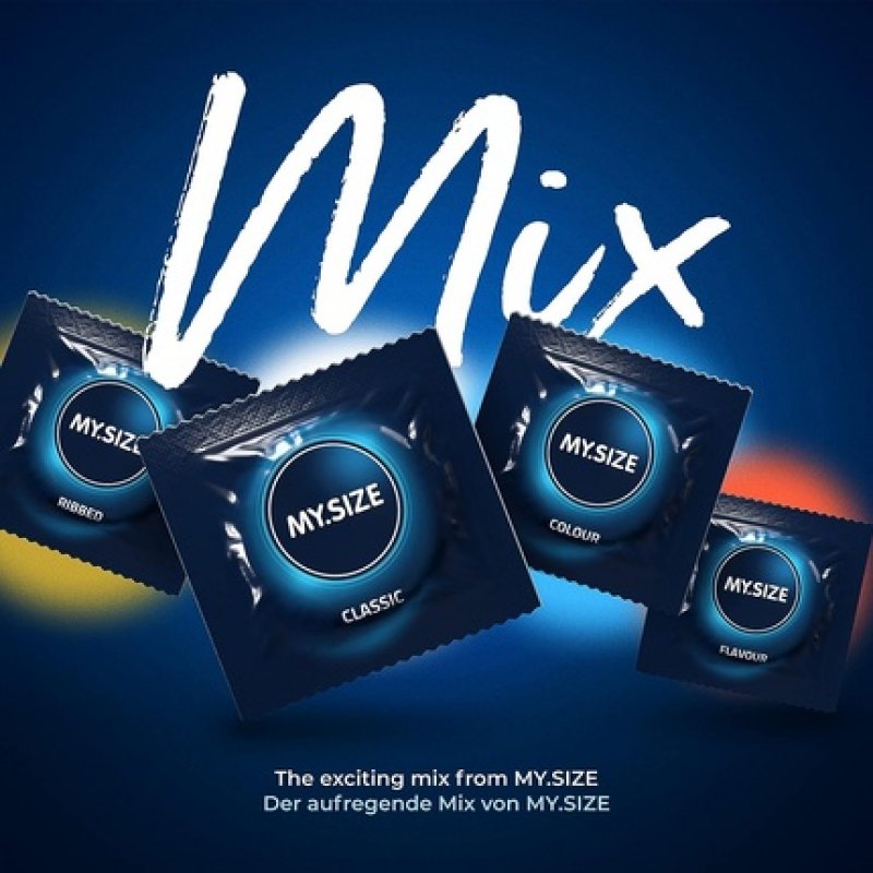 MY.SIZE Mix 28 Condoms in 4 Exciting Variations Flavoured Coloured Ribbed and Classic Condoms Size 3 53mm