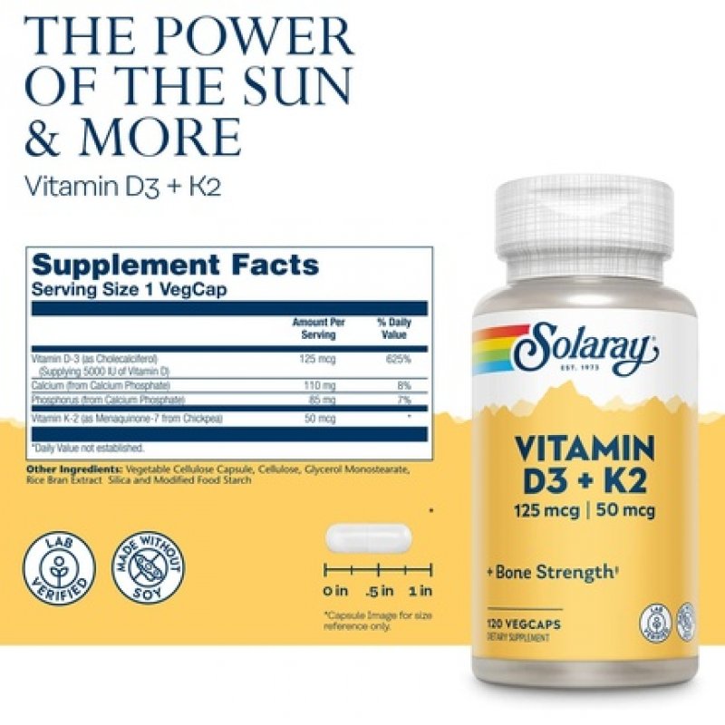 SOLARAY Vitamin D-3 K-2 Calcium Absorption Bone Strength Cardiovascular & Immune Function Support 120 Count