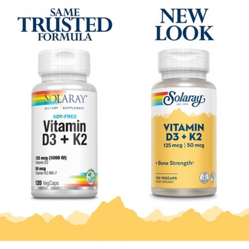 SOLARAY Vitamin D-3 K-2 Calcium Absorption Bone Strength Cardiovascular & Immune Function Support 120 Count