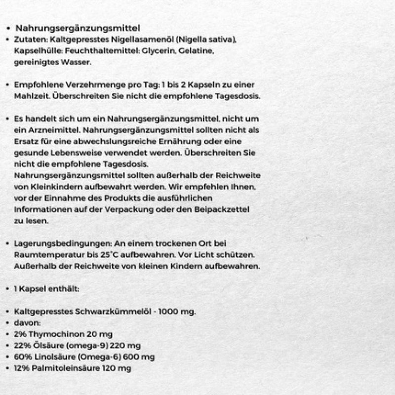 Aliness Black Seed Oil 1000mg per Daily Dose Ethiopian Black Seed