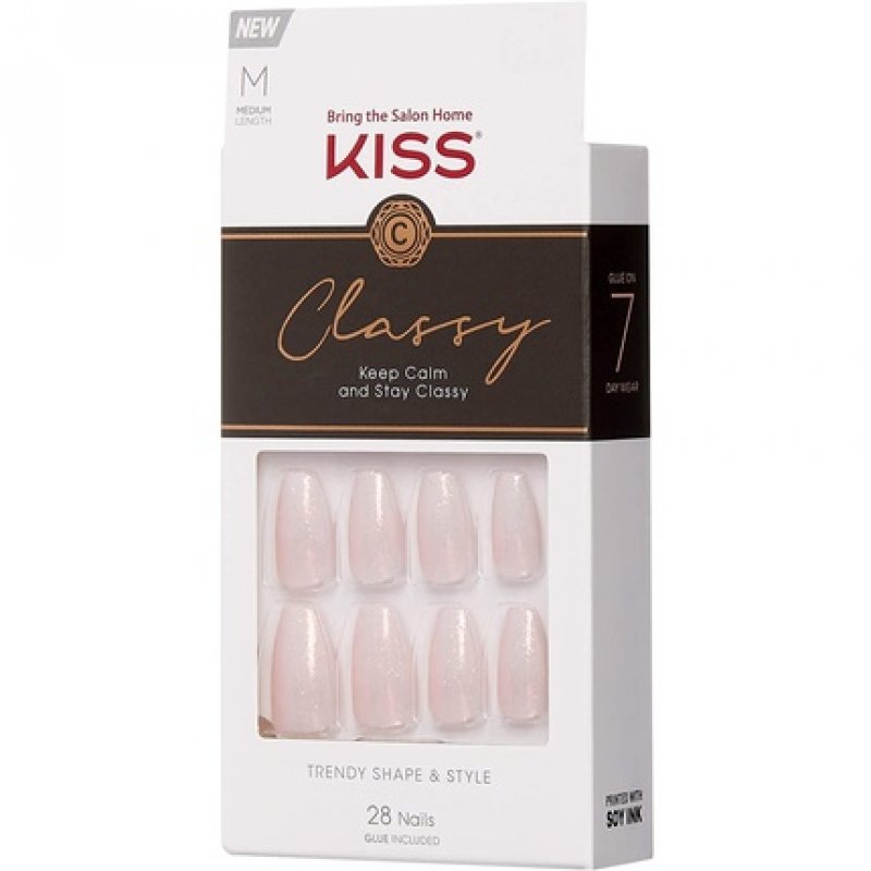 KISS Classy French Nail Manicure Kit with Gel Finish Medium Coffin Shape Cosy Meets Cute 28 Fake Nails