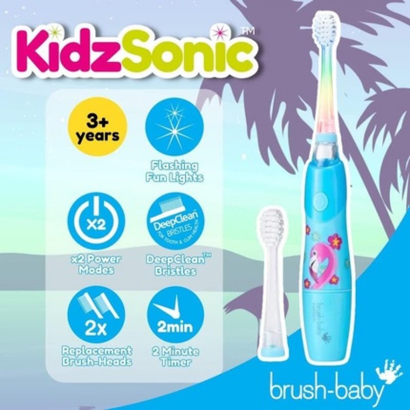 Brush Baby KidzSonic Toddler and Kid Electric Toothbrush for Ages 3 Years - Disco Lights, Gentle Vibration, and Smart