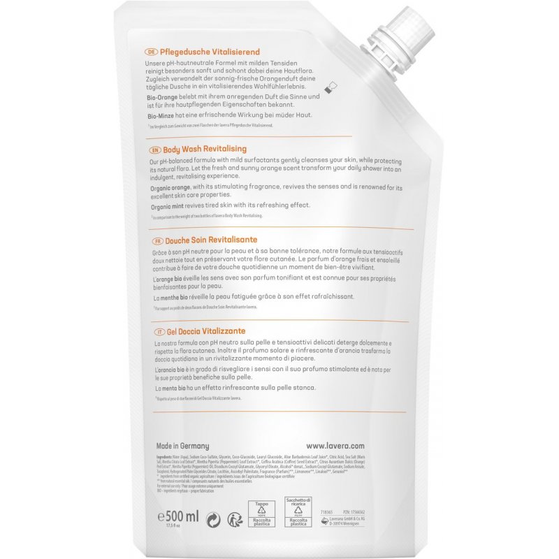 Lavera Refill Bag Body Wash Revitalising 500 ml Shower gel Unisex Orange
