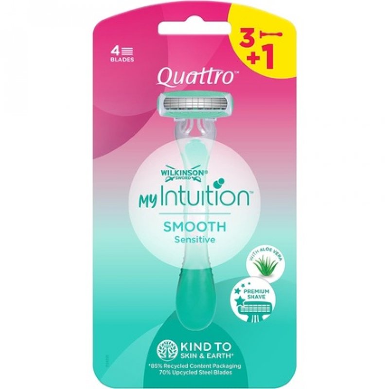 Wilkinson Sword MyIntuition Smooth Sensitive Quattro Disposable Razor for Women 4 Blades 2 Lubricating Strips with Aloe
