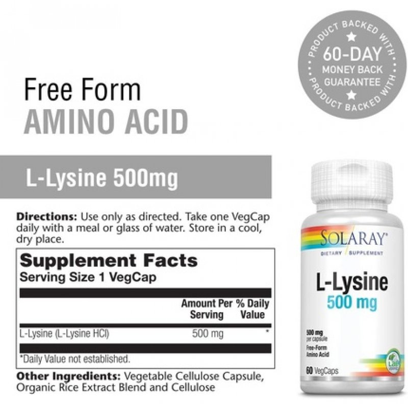 Solaray L-Lysine 500mg Amino Acid for Healthy Cognitive, Immune System, GI Function, Bones, Joints, and Skin Support