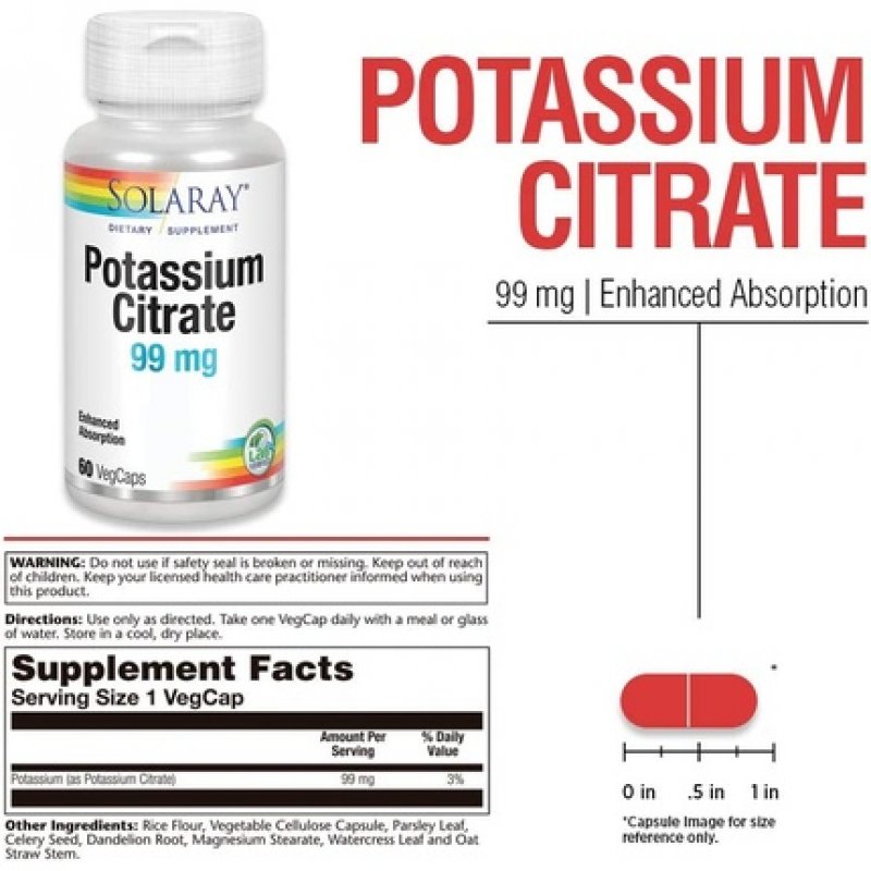 Solaray Potassium Citrate Healthy Electrolyte Balance Nerve Muscle Function Support Vegan 60 VegCaps