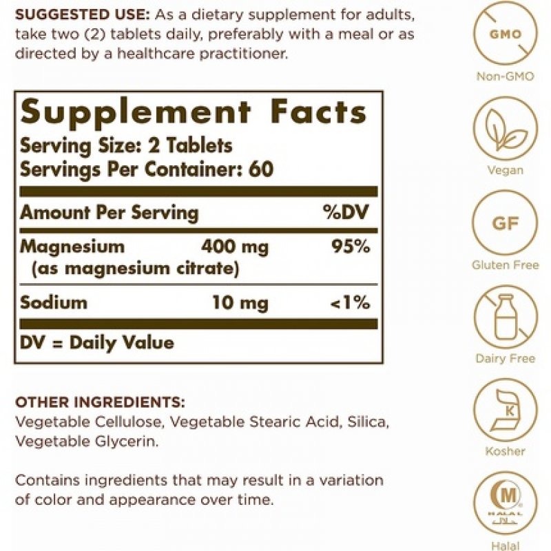 Solgar Magnesium Citrate 120 Tablets - Promotes Healthy Bones Supports Nerve Muscle Function - Highly Absorbable -