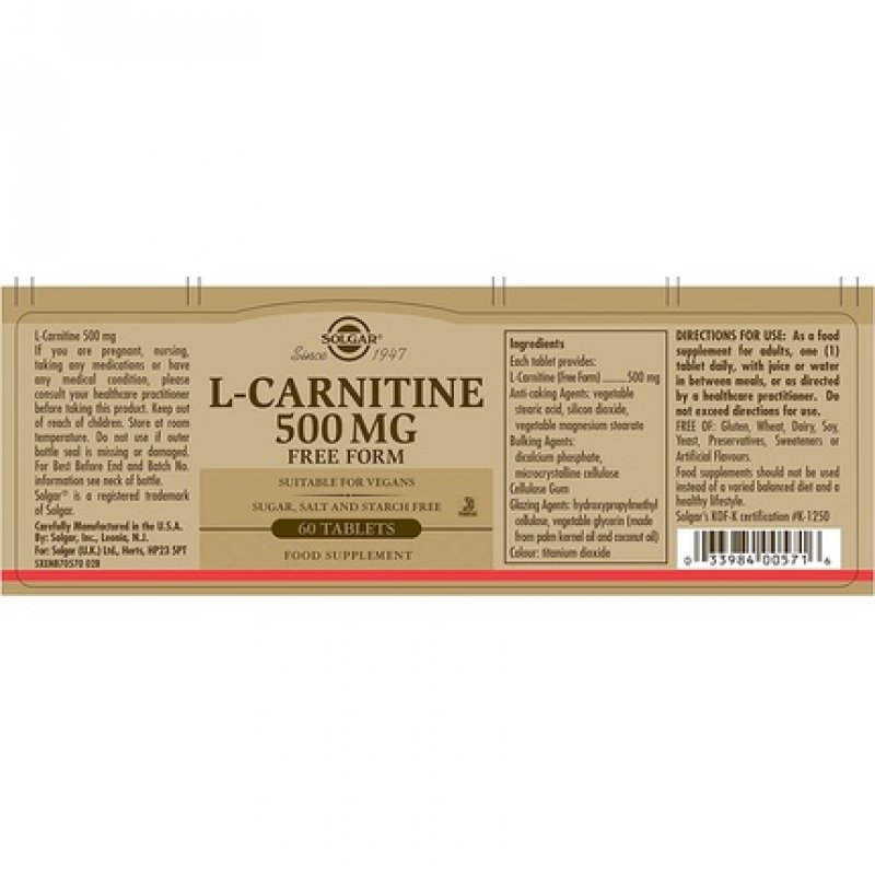 Solgar L-Carnitine Tablets 500mg Metabolism Support 60 Tablets - Vegan, Gluten Free and Kosher