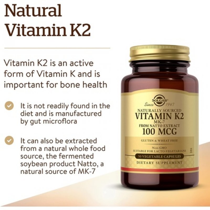 Solgar Vitamin K2 (MK-7) 100mcg Bone Health Vegetable Capsules 50 Count