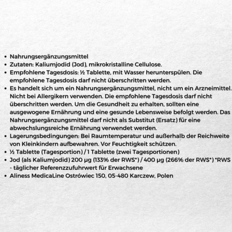 Aliness Iodine 200µg / 400µg Potassium Iodide Thyroid Supplement 200 Tablets