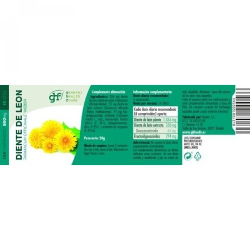 GHF Diente de León 500mg Herbal Supplement 100 Capsules