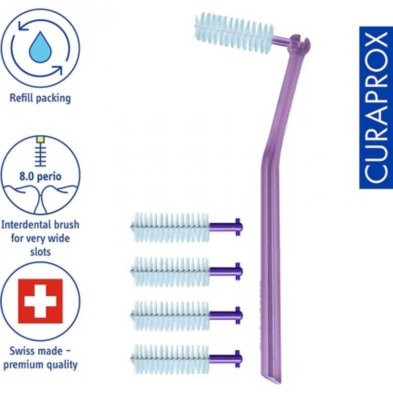 Curaprox Interdental Brushes CPS 408 perio plus Set of 5 Brushes Violet 2mm Diameter 8mm Effectiveness with Holder UHS