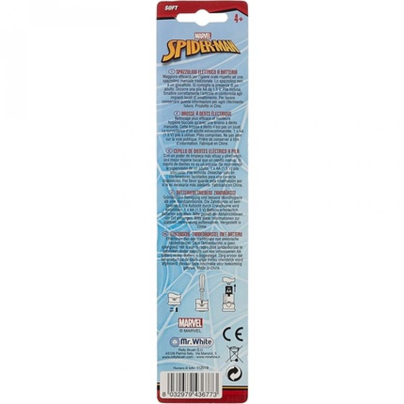 Mr. White Spider-Man Electric Toothbrush for Kids with Soft Bristles and Vibrating Head System