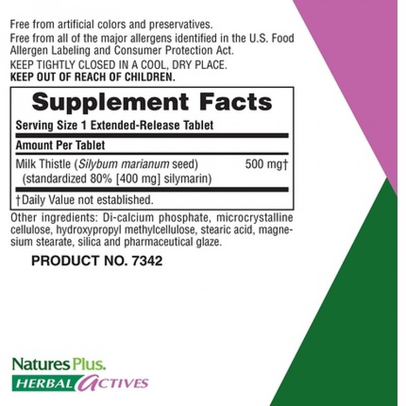 NaturesPlus Herbal Actives Milk Thistle Extended Release 500mg 80% Silymarin 30 Vegetarian Tablets