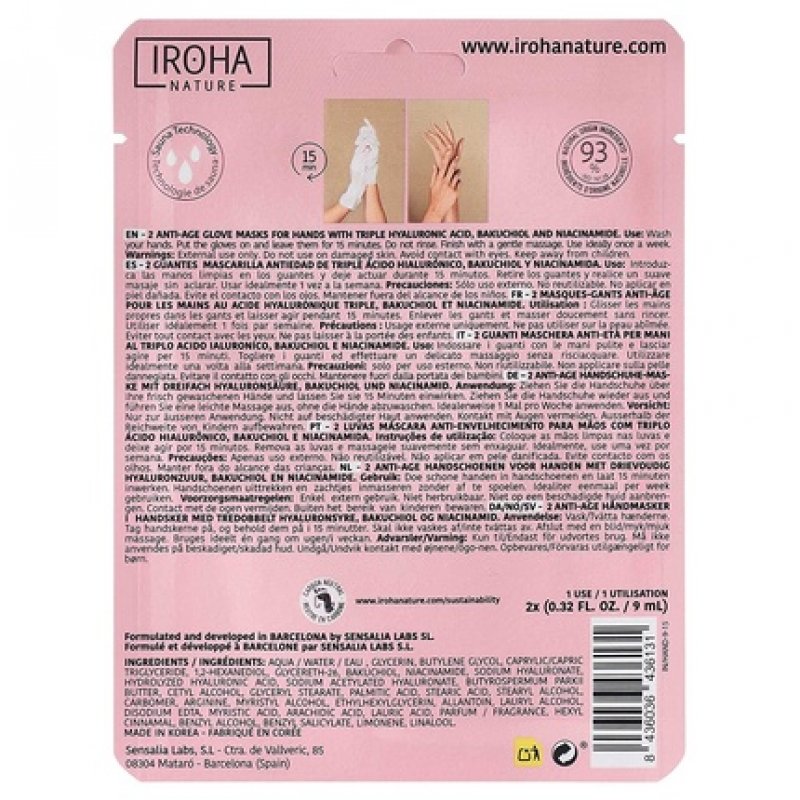Iroha Nature Anti-Ageing Hand Masks with Triple Hyaluronic Acid, Bakuchiol and Niacinamide 93% Certified Natural
