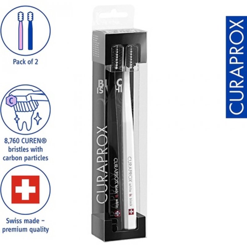 Curaprox Toothbrush CS Black is White Duo Manual Toothbrush for Adults with 8760 CUREN Bristles Black and White 2 Pieces
