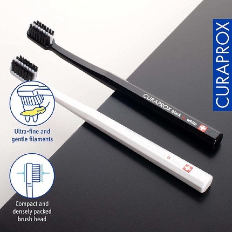 Curaprox Toothbrush CS Black is White Duo Manual Toothbrush for Adults with 8760 CUREN Bristles Black and White 2 Pieces