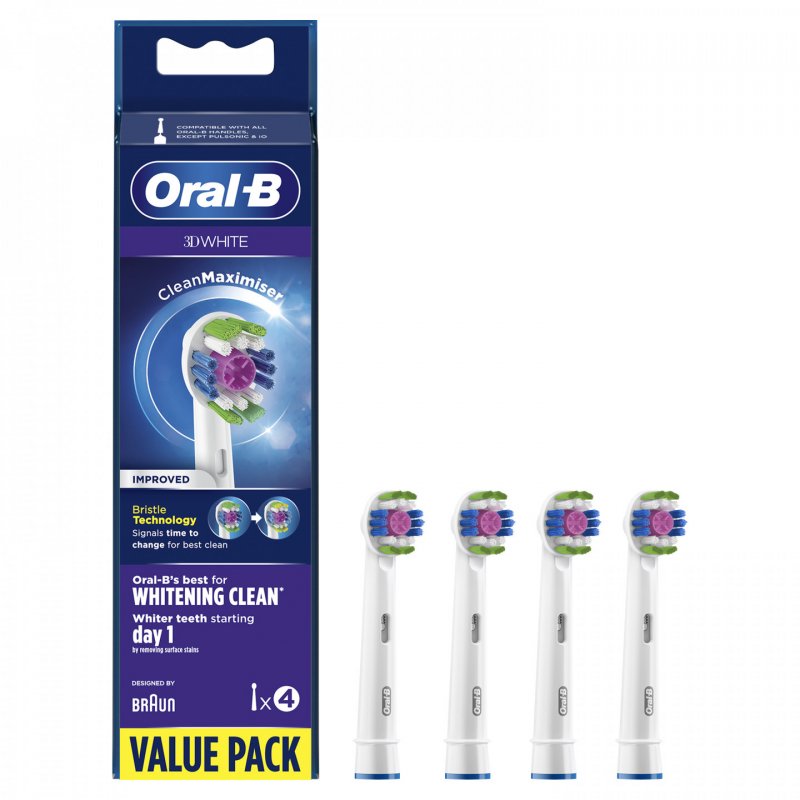 Oral-B 3D White Replacement Brush Head with CleanMaximiser Technology, 4 pcs