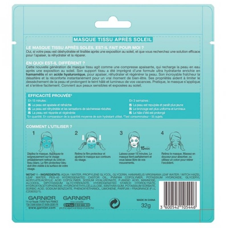 Garnier Ambre Sunscreen Mask Moisturizing/Regenerating Fabric