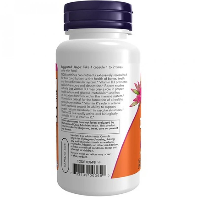 NOW Vitamin D-3 & K-2 Supplements with Cardiovascular Support and Bone Health 120 Veg Capsules