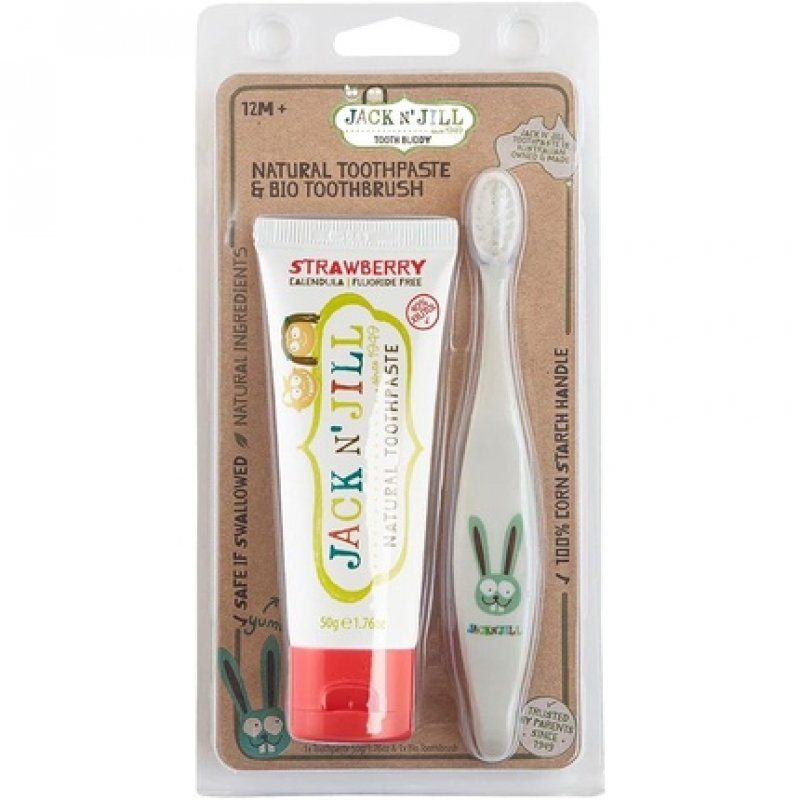 Jack N' Jill Strawberry Tooth Buddy Combo Pack Natural Certified Toothpaste and Kids Toothbrush - Bunny/Strawberry 2