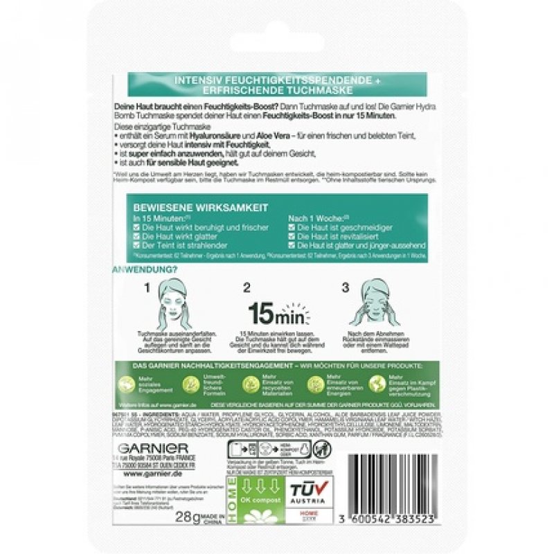 Garnier Hydra Bomb Cloth Face Mask with Hyaluronic Acid and Aloe Vera 28g