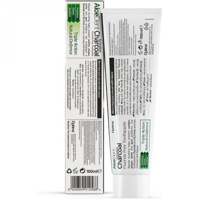 Aloe Dent Charcoal Toothpaste Fluoride Free Natural Action Vegan Cruelty Free SLS Free Whitening Healthy Gums 100ml