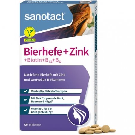 Sanotact Brewer's Yeast Zinc 60 Tablets Vegan Hair Skin Nails Vitamins with Biotin, B12, B6 - High Efficacy Beauty