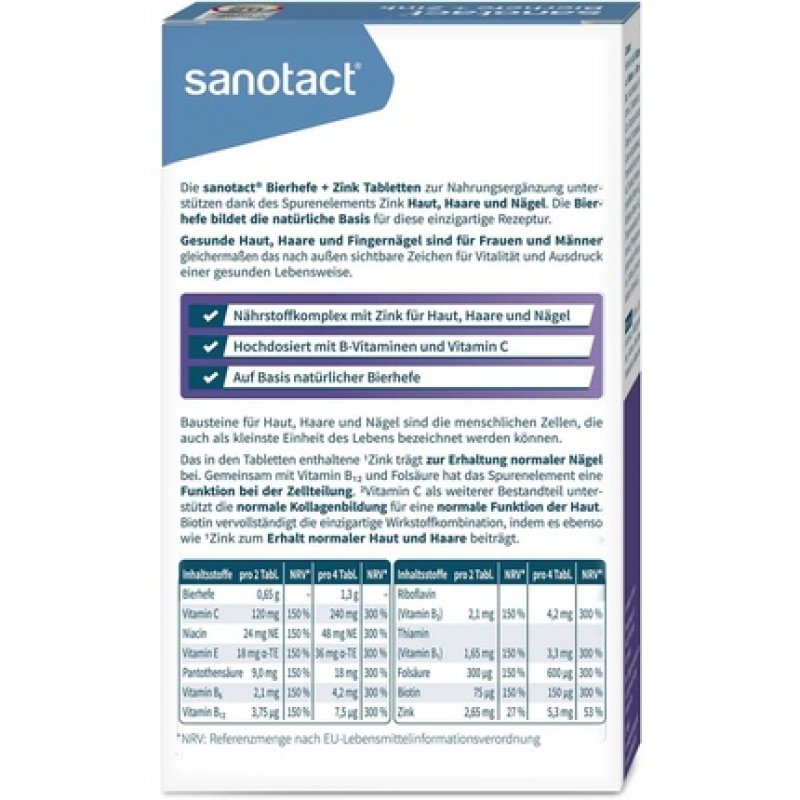 Sanotact Brewer's Yeast Zinc 60 Tablets Vegan Hair Skin Nails Vitamins with Biotin, B12, B6 - High Efficacy Beauty