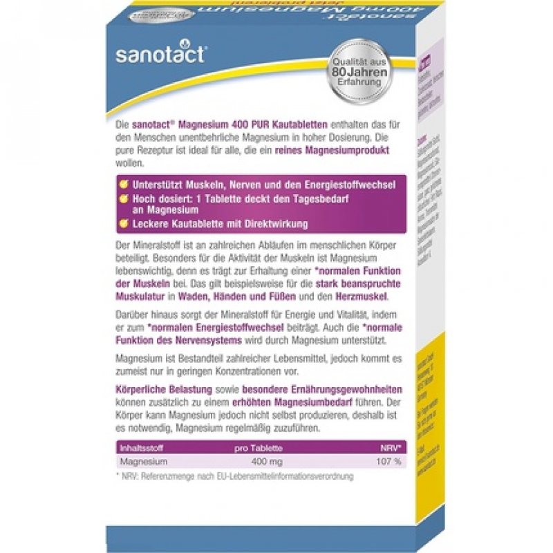 Sanotact Magnesium 400mg PUR Vegan 30 Chewable Tablets