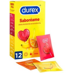 Durex Savoreame Condoms with Fruit Flavors - Strawberry, Banana, Orange and Apple 12 Condoms
