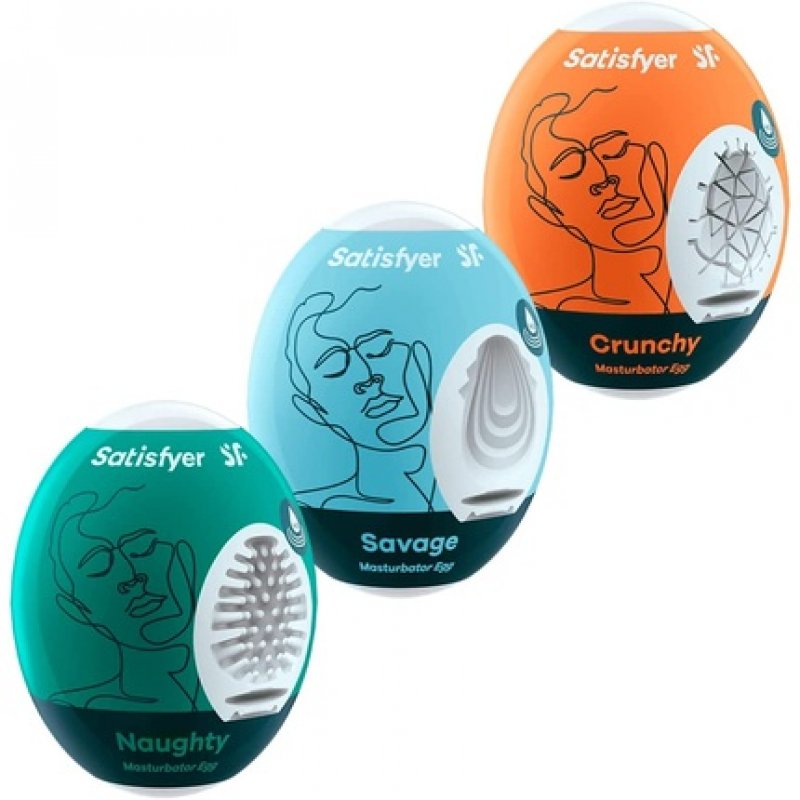 Satisfyer Masturbator Egg Riffle Texture Hydro-Active TPE - Naughty, Savage, Crunchy - Pack of 3