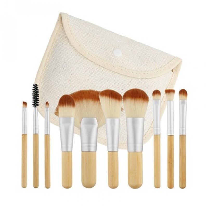 T4B MIMO Set Travel Size Bamboo Makeup Brushes With Cotton Case 10 Pieces Brown