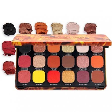Makeup Revolution Forever Flawless Fire 18 Hot Matte Shimmer and Compact Glitter Eye Shadows on a Color Palette
