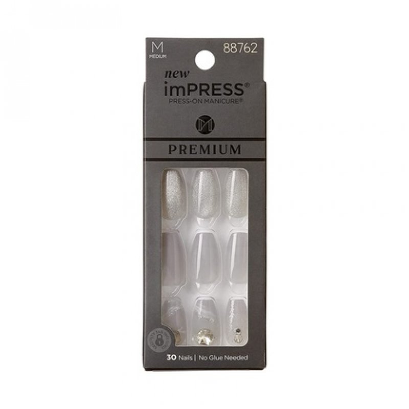 KISS imPRESS Press-On Manicure Premium Collection Fake Nails - Legacy Gray V-Cut Stone Medium Ballerina Coffin Shape 30