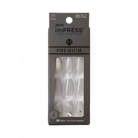 KISS imPRESS Press-On Manicure Premium Collection Fake Nails - Legacy Gray V-Cut Stone Medium Ballerina Coffin Shape 30