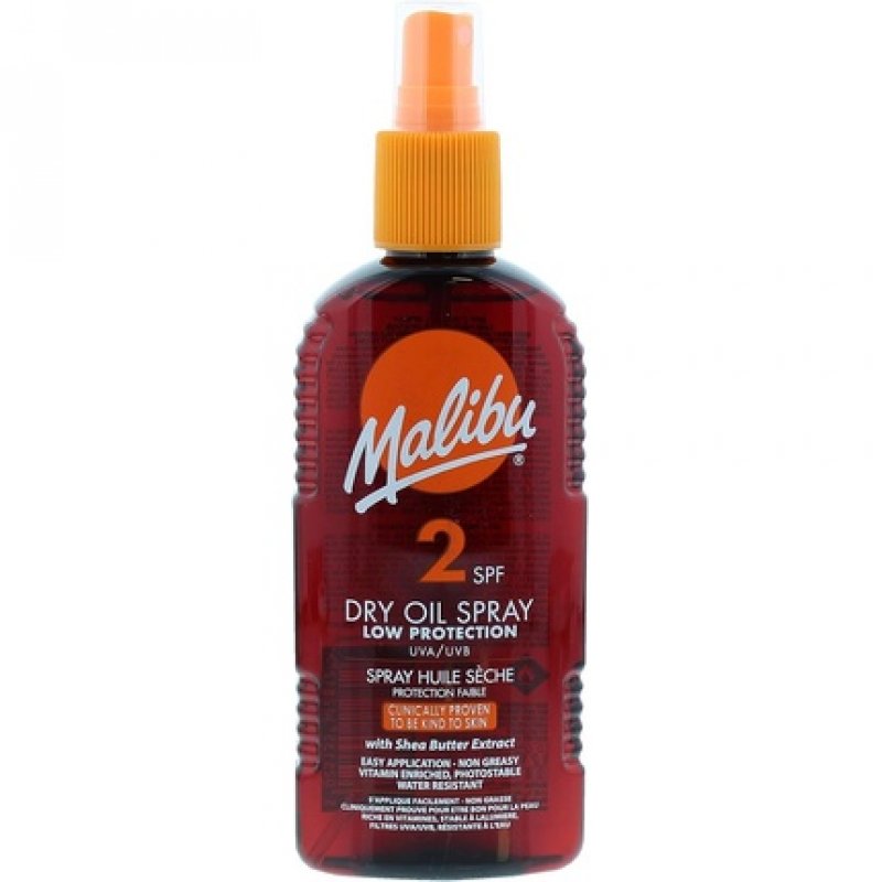 Malibu Sun SPF 2 Non-Greasy Dry Oil Spray for Tanning with Shea Butter Extract 200ml