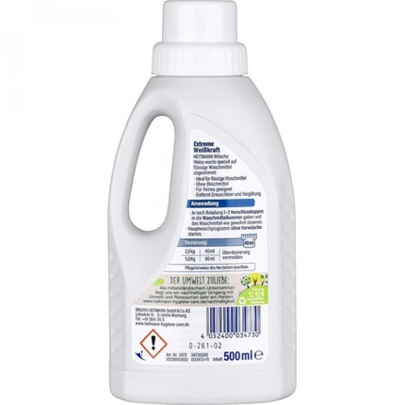 Heitmann White Laundry Liquid: Whitening Booster for Greyed Laundry, Liquid Detergent, Laundry Whitener 500ml Bottle