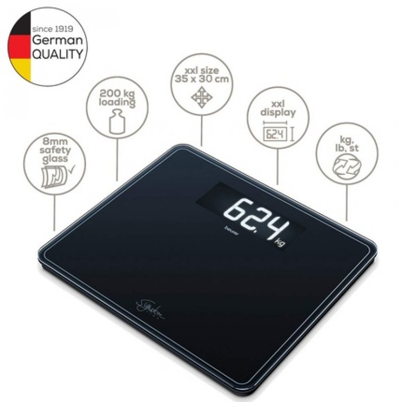 Beurer GS410 Signature Line Glass Bathroom Scale Black with XXL Standing Area and Digital Display 200kg Capacity 35x30cm