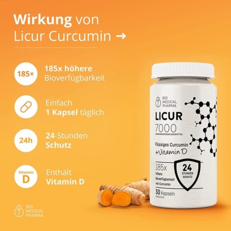 Licur 7000 Turmeric Capsules with Vitamin D3 - High Bioavailability Mizellen Curcumin - 1 Capsule Daily - 30 Day Supply