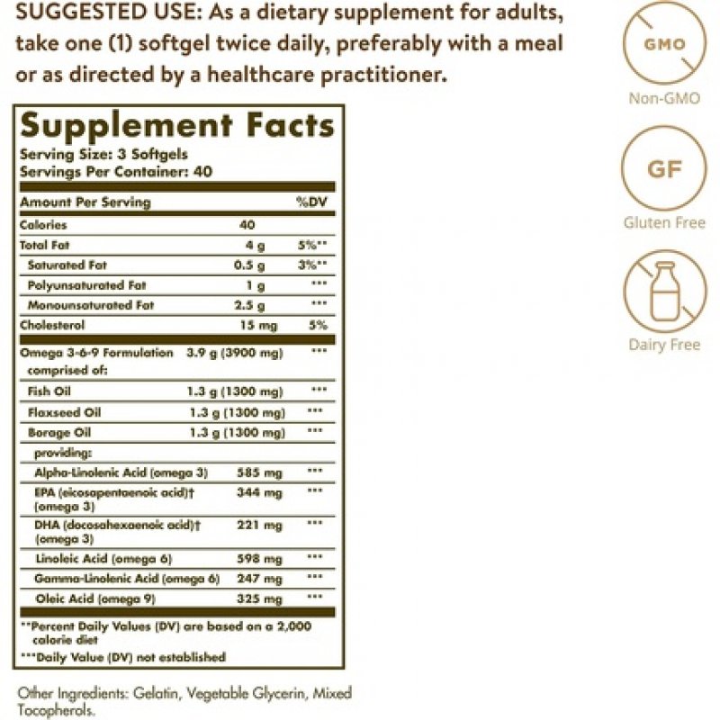 Solgar Omega 3-6-9 Softgels 120 Softgels - Blend of Premium Fish, Flax and Borage Oils - Specially Formulated Ratio -