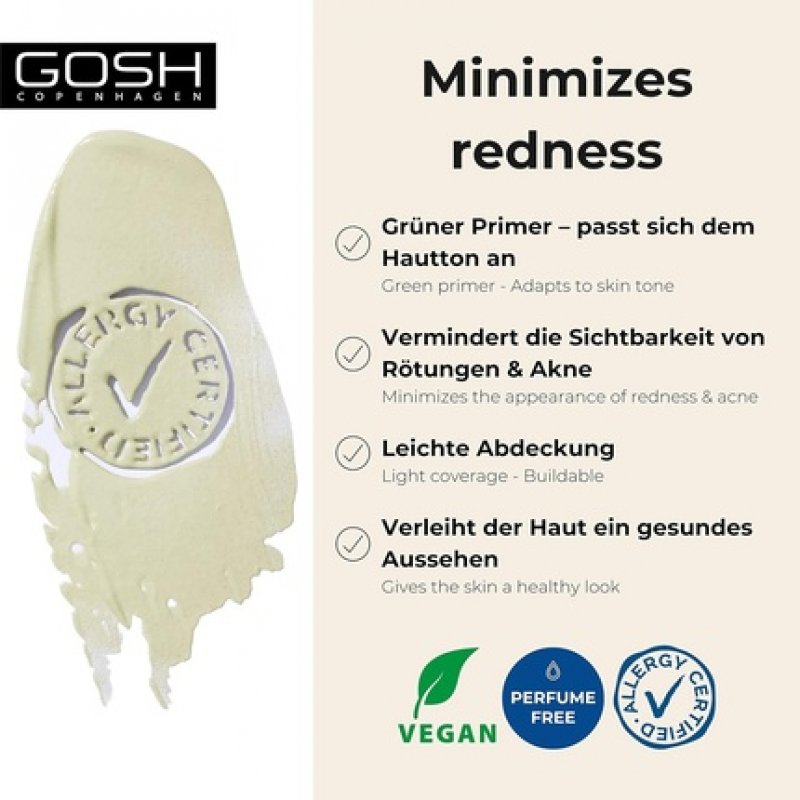 GOSH Primer for Red and Impure Skin Vegan Moisturizing Makeup Primer for Even and Flawless Skin Tone Adjusting Allergy