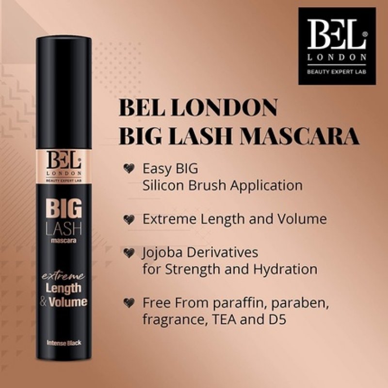 Bel London Big Lash Mascara Black Volumizing and Lengthening with Jojoba Derivatives and Silicone Brush