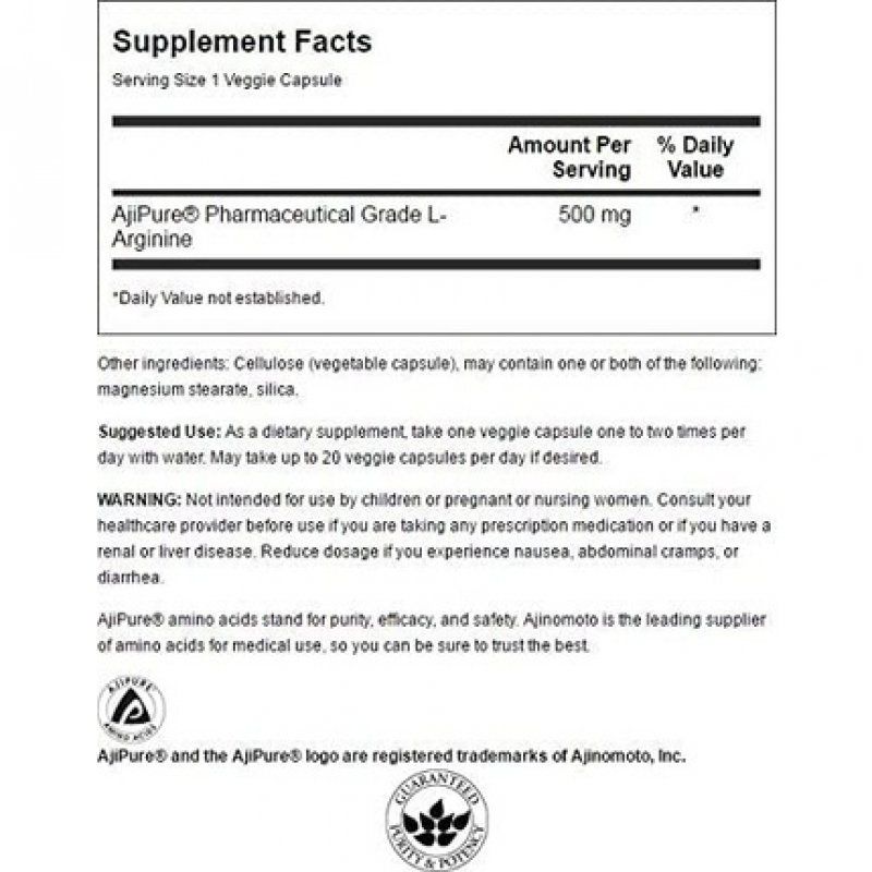 Swanson Ajipure L-Arginine Pharmaceutical Grade Amino Acid 500mg 60 Veg Capsules