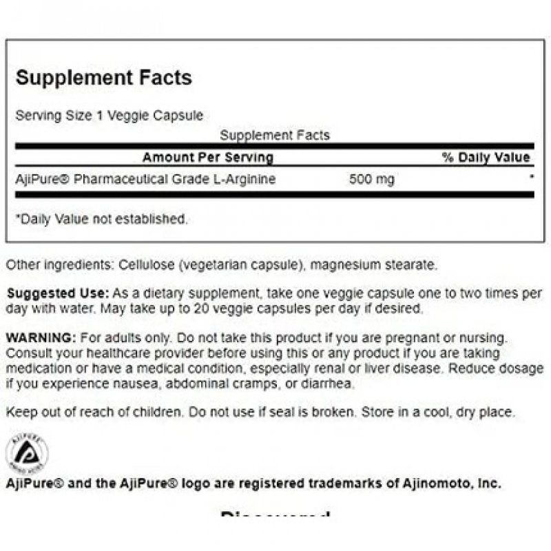 Swanson Ajipure L-Arginine Pharmaceutical Grade Amino Acid 500mg 60 Veg Capsules